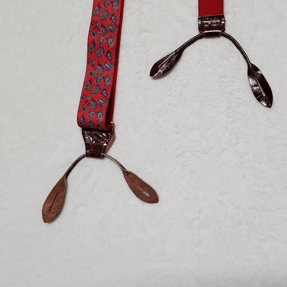Bill Blass Vintage Stretchy Red Blue Paisley Gold Leather Button Tab Suspenders - Picture 11 of 13